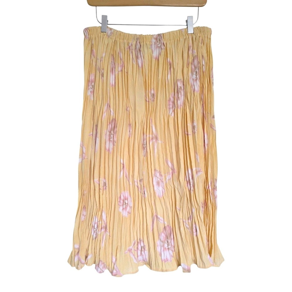 Vintage Leslie Fay Butter Yellow Pink‎ Pastel Floral Pleated Midi Skirt Plus 16